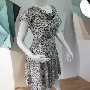 Liz Claiborne Black and White Printed Cowl Neck Midi Dress